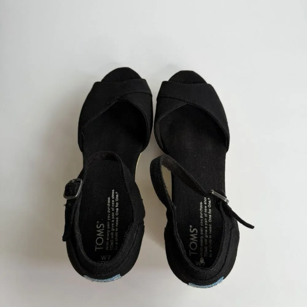 TOMS Black Canvas Peep Toe Jute Wedge Heel‎ Espadrille Sandals Sz 7